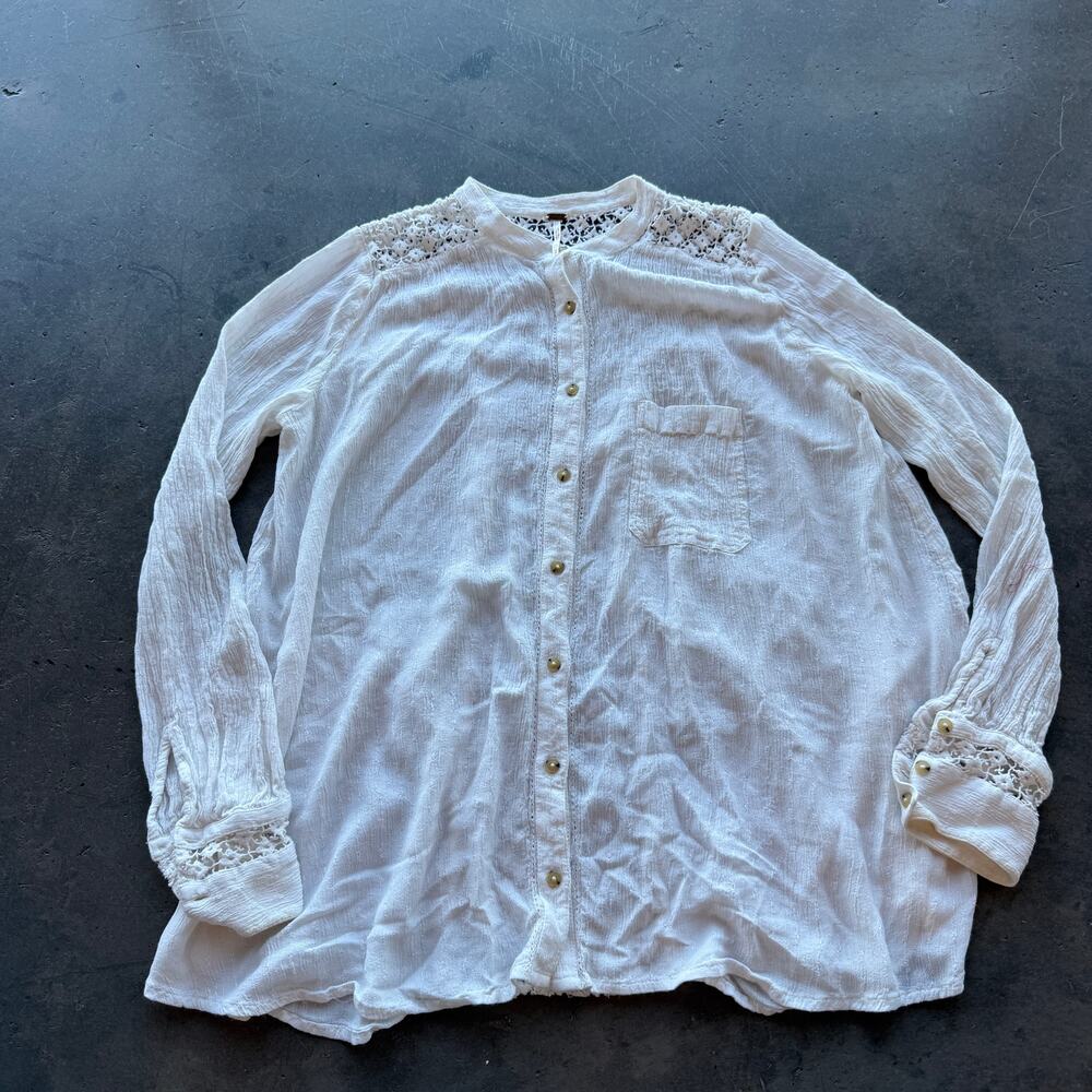 Vintage Y2k Boho Free People Ivory Lace Eyelet Longsleeve Flowy Top Women's M